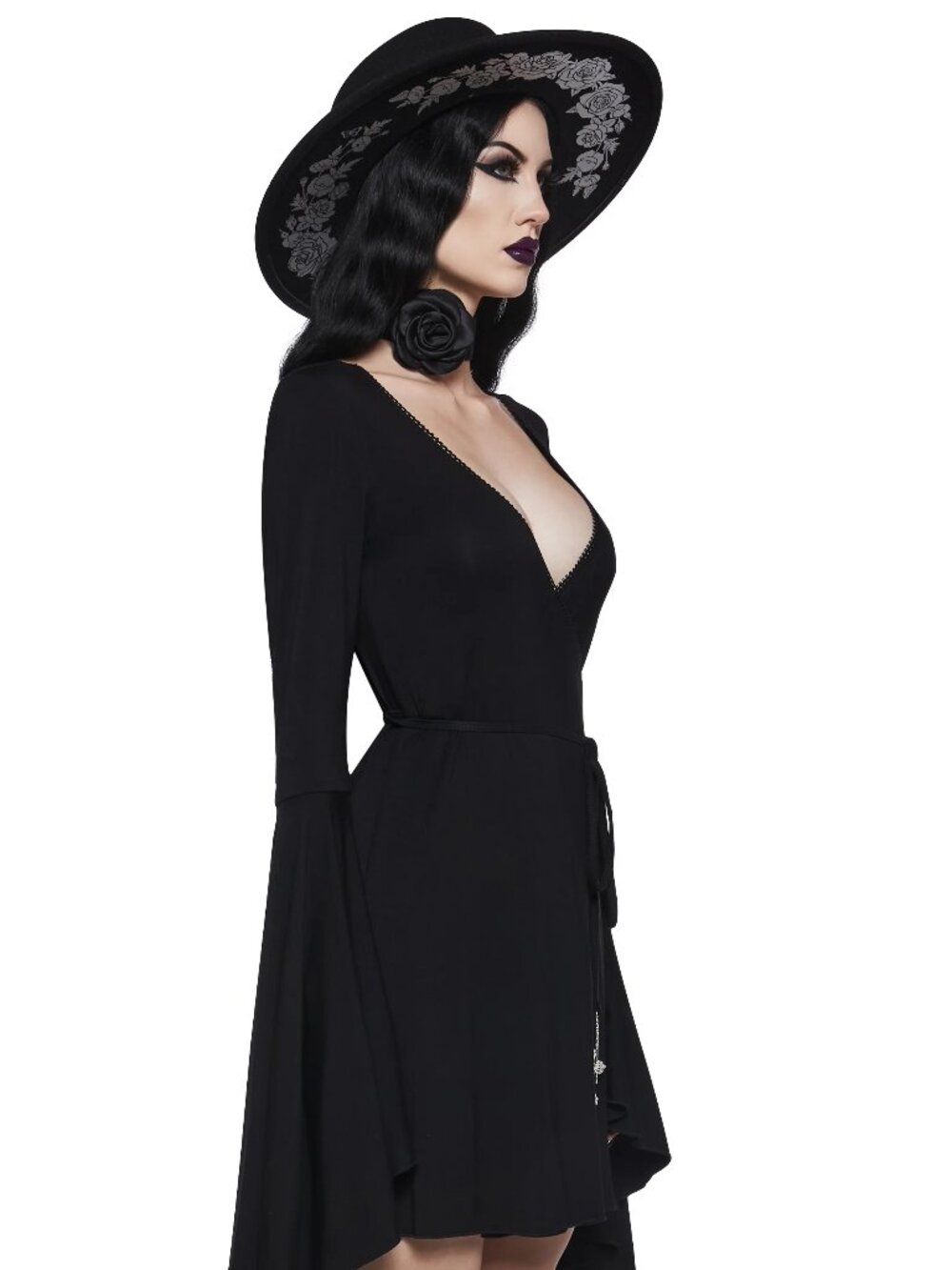 Widow Queen Of The Cursed Wrap Goth Bell Sleeve Belted Witchy Boho Dress - Picture 4 of 7